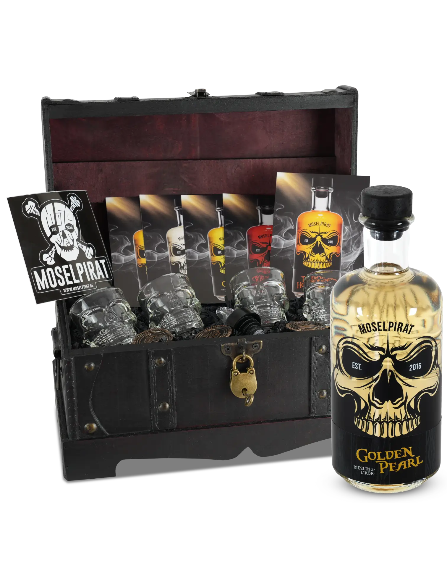 Moselpirat Vintage-Truhe mit Golden Pearl Riesling Likör – stilvolle Geschenkverpackung mit edlem Riesling Likör aus der Moselregion im Piratenlook