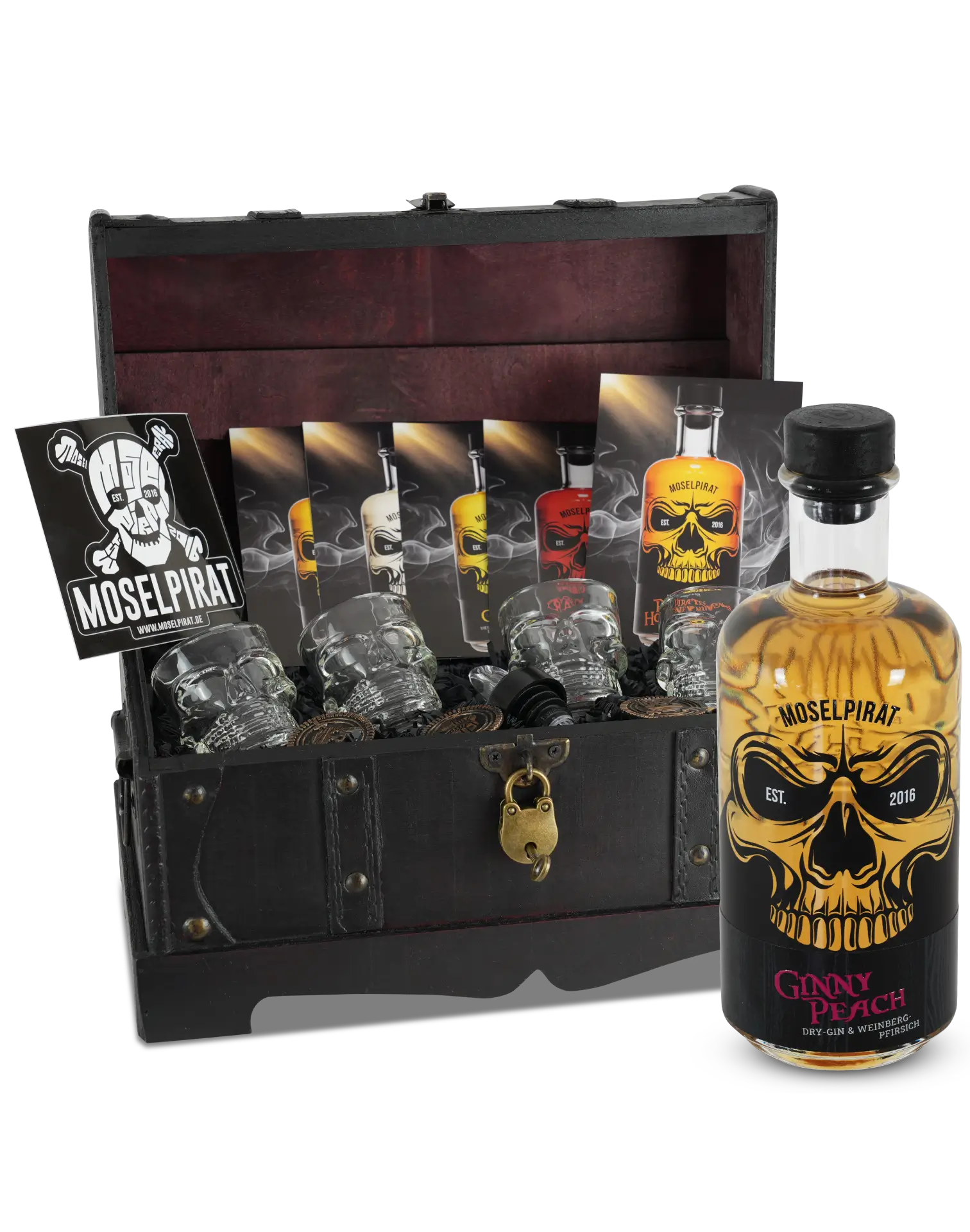 Moselpirat Vintage-Truhe mit Ginny Peach Dry Gin – edles Geschenkset mit fruchtigem Gin aus rotem Weinbergpfirsich in Piraten-Holztruhe